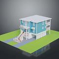 Two Story Blue House Exterior With White Roof Porch Staircase And Green Lawn