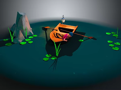 Cartoon Scene Featuring Wooden Boat Figures Lily Pads and Rock on Water Surface 3d model