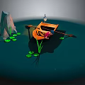 Cartoon Scene Featuring Wooden Boat Figures Lily Pads and Rock on Water Surface