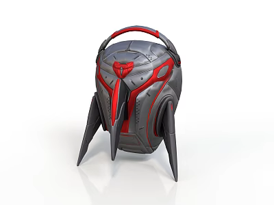 Sci Fi Character Mechanical Helmet Featuring Red Gray Design And Legged Support 3d model