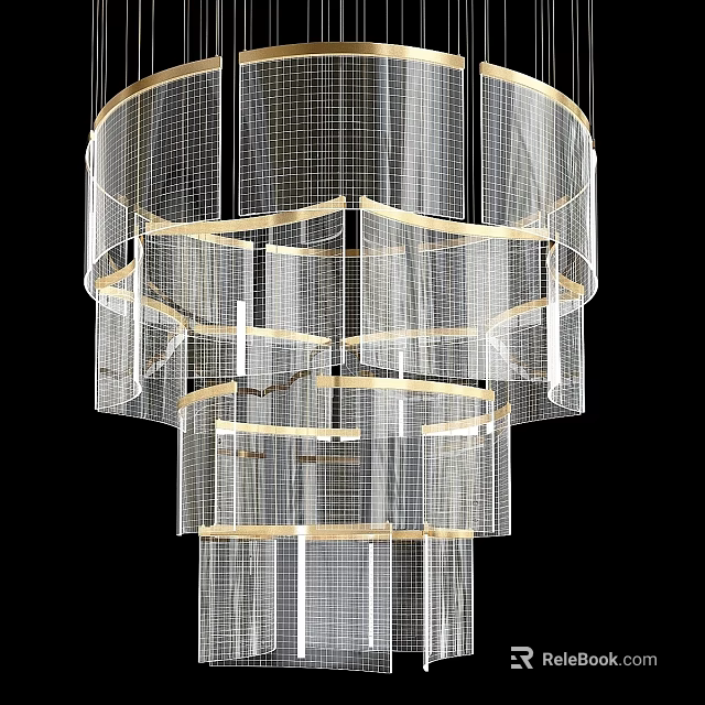 Modern Multi Layered Chandelier With Grid Like Mesh And Golden Frames Design 3d model