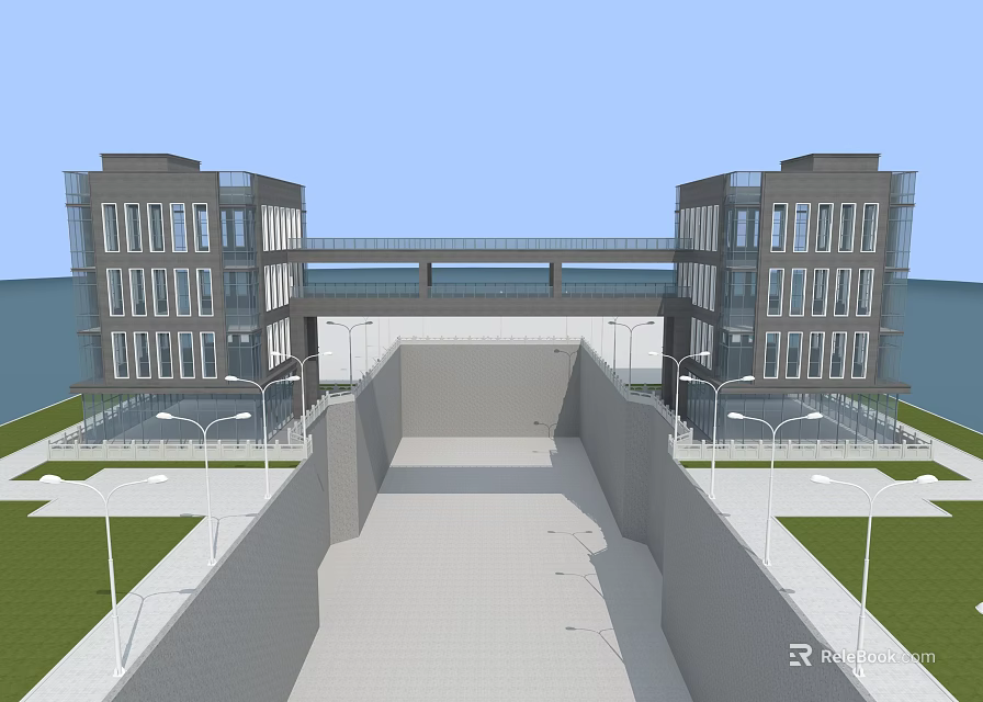 Water Gate Structure With Symmetric Buildings Connecting Bridge Lawn And Street Lamps 3d model 