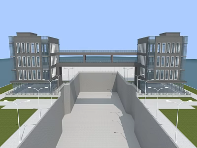 Water Gate Structure With Symmetric Buildings Connecting Bridge Lawn And Street Lamps 3d model