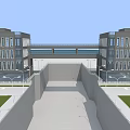 Water Gate Structure With Symmetric Buildings Connecting Bridge Lawn And Street Lamps