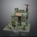 Teal Caravan Scene With Awning Plants Cactus Outdoor Chairs And Flower Pots