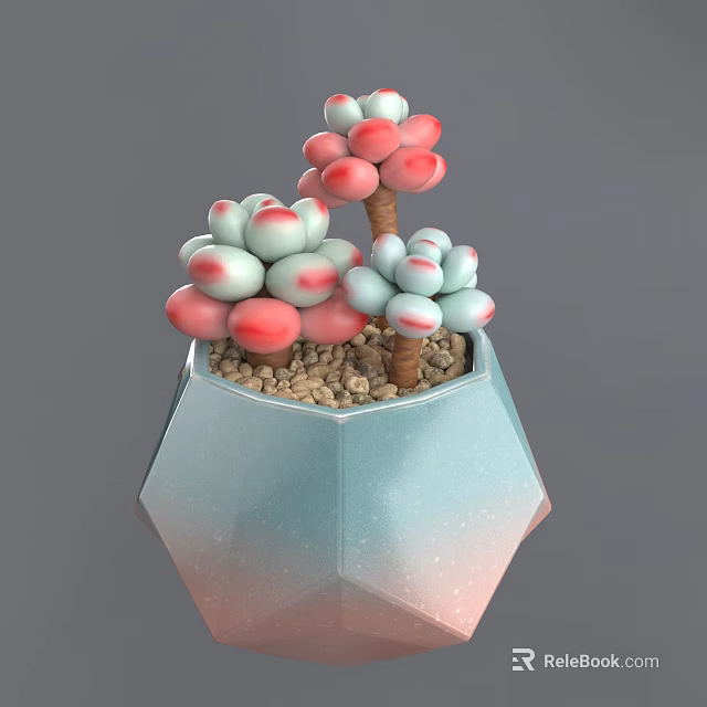 Pink And White Round Succulent Plant In Light Blue Polygonal Pot With Small Pebbles 3d model 