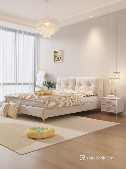 Modern Double Bed Interior With Beige Tufted Headboard Striped Bedspread And Wooden Nightstand Hanging Lamps 3d model 