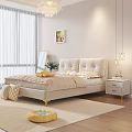 Modern Double Bed Interior With Beige Tufted Headboard Striped Bedspread And Wooden Nightstand Hanging Lamps
