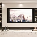 Modern Living Room With Large Screen TV Black Shelves And Marble Fireplace