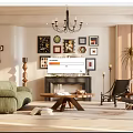 Cozy Living Room Interior With Green Sofa Fireplace Chandelier And Framed Artworks On Wall