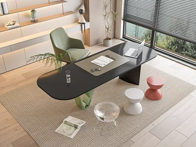 Modern Black Desk Interior With Green Chair Laptop Documents Clear Glass And White Pink Stools 3d model