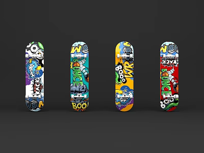 Colorful Skateboard Decorative Ornament Set With Graffiti Art And Cartoon Patterns 3d model