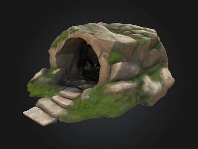 Natural Rock Cave Structure With Entrance Stone Steps And Green Grass 3d model