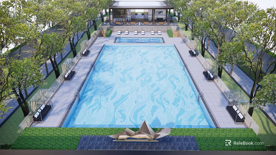 Residential Landscape Featuring Large Swimming Pool Lush Trees And Lounge Chairs 3d model 