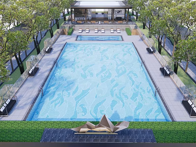 Residential Landscape Featuring Large Swimming Pool Lush Trees And Lounge Chairs 3d model