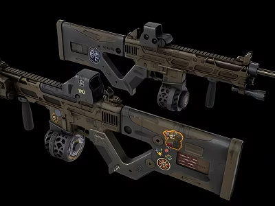 Detailed Modern Military Rifles With Scope Magazine And Decorative Badge Stickers 3d model