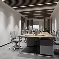 Modern Office Interior Design With Desk Bookshelves Sofa Coffee Table And Potted Plant