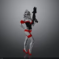 Silver Haired Woman In Black And Red Outfit With Red High Heels Holding Gun