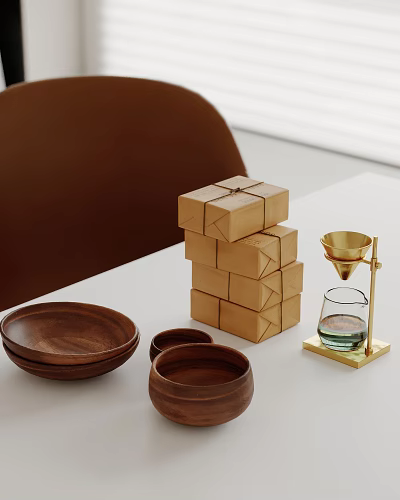 Minimalist Decorative Ornament Set With Wooden Bowls Gold Funnel Stand And Glass Cup 3d model