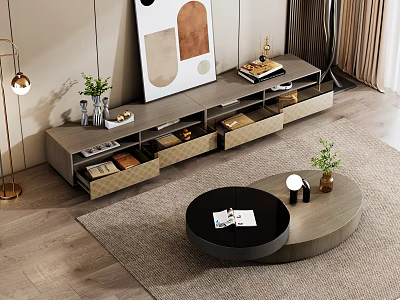 Modern TV Stand With Storage Drawers And Decorative Plants In Living Room 3d model