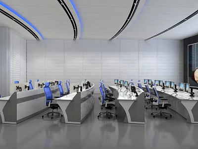 Modern Control Room Interior Design With Multiple Monitoring Screens Blue Chairs And Consoles 3d model