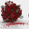 Woman Standing By Large Cone With Red Roses And Scattered Rose Petals