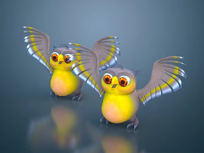 Cartoon Birds With Yellow Bodies Big Eyes And Colorful Wings On Gray Background 3d model
