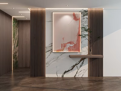 Modern Interior Design With Wooden Partition Marble Wall And Decorative Painting 3d model
