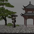 Traditional Chinese Courtyard Garden with Pavilion Pine Tree Stone Ornament Gravel Ground Green Shrubs