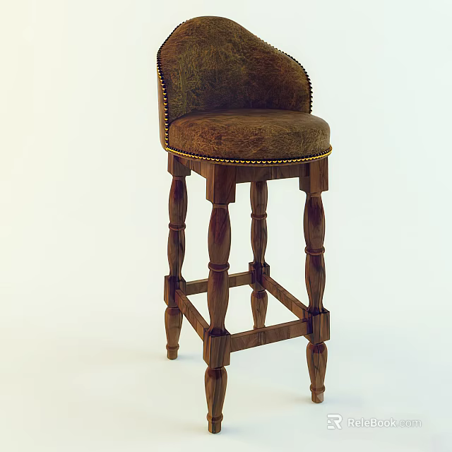 Classic Wooden Bar Stool With Carved Legs Brown Upholstered Seat And Backrest 3d model 