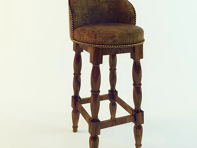 Classic Wooden Bar Stool With Carved Legs Brown Upholstered Seat And Backrest 3d model