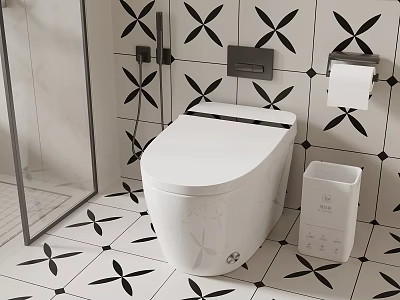 Modern Bathroom Featuring Smart Toilet Black White Patterned Tile And Fixtures 3d model