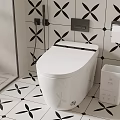 Modern Bathroom Featuring Smart Toilet Black White Patterned Tile And Fixtures