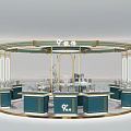Silver Jewelry Store Circular Booth With Blue Counters Golden Frames And Glass Displays