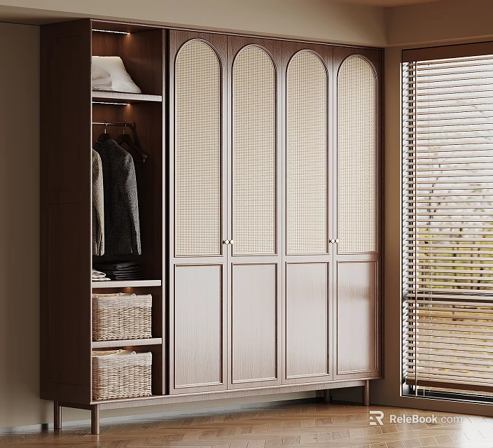 Modern Wooden Wardrobe With Arched Woven Doors Hanging Clothing And Woven Baskets 3d model 