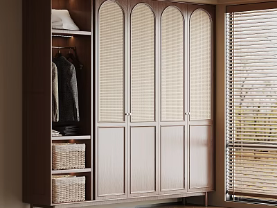 Modern Wooden Wardrobe With Arched Woven Doors Hanging Clothing And Woven Baskets 3d model