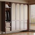 Modern Wooden Wardrobe With Arched Woven Doors Hanging Clothing And Woven Baskets