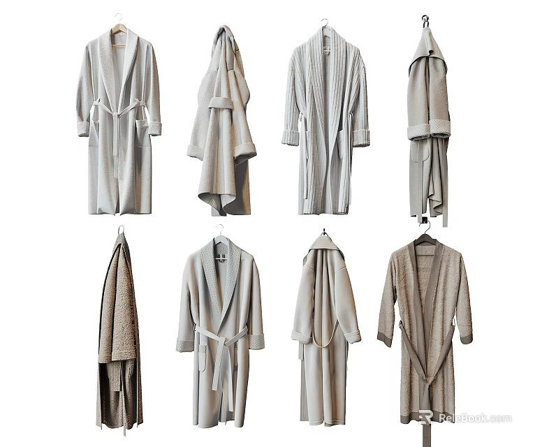 Different Styles of Neutral Colored Robes Hanging on Hangers Including Bathrobes and Long Cardigans 3d model 