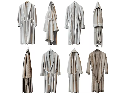 Different Styles of Neutral Colored Robes Hanging on Hangers Including Bathrobes and Long Cardigans 3d model