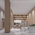 Modern Restaurant Interior With Marble Wall Spiral Staircase Reception Desk Green Plants And Large Windows