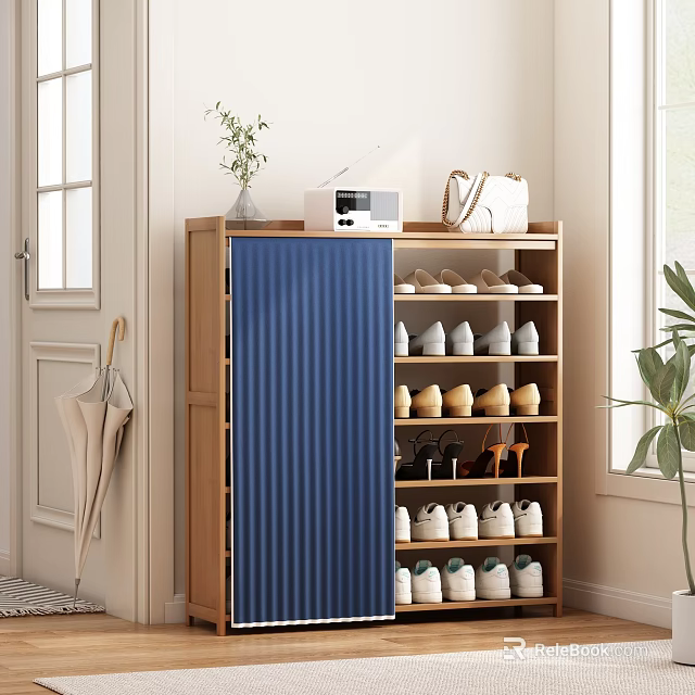 Wooden Multi Tiered Shoe Cabinet with Blue Door Organized Shoes and Top Items in Entryway 3d model 