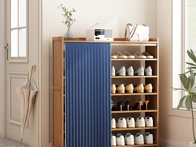 Wooden Multi Tiered Shoe Cabinet with Blue Door Organized Shoes and Top Items in Entryway 3d model