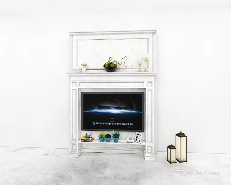 Modern White TV Stand with TV Decorative Plants Candle Holders and Best Life Sign 3d model 