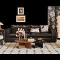Stylish Black Leather Sofa And Wooden Coffee Table Set With Floral Decor And Geometric Rug