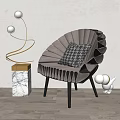 Stylish Gray Pleated Single Chair with Checkered Cushion Gold Floor Lamp and Marble Side Table