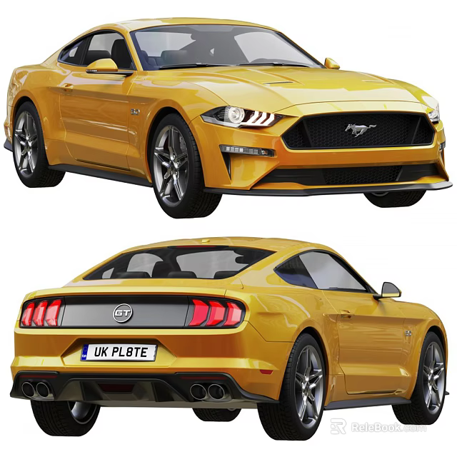 Yellow Ford Mustang Two Door Sports Car Exterior With Headlights Taillights And UK License Plate 3d model 