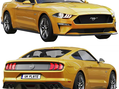 Yellow Ford Mustang Two Door Sports Car Exterior With Headlights Taillights And UK License Plate 3d model
