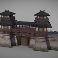 Ancient Architecture Gate Featuring Twin Towers Black Roofs Wooden Structure And Stone Walls