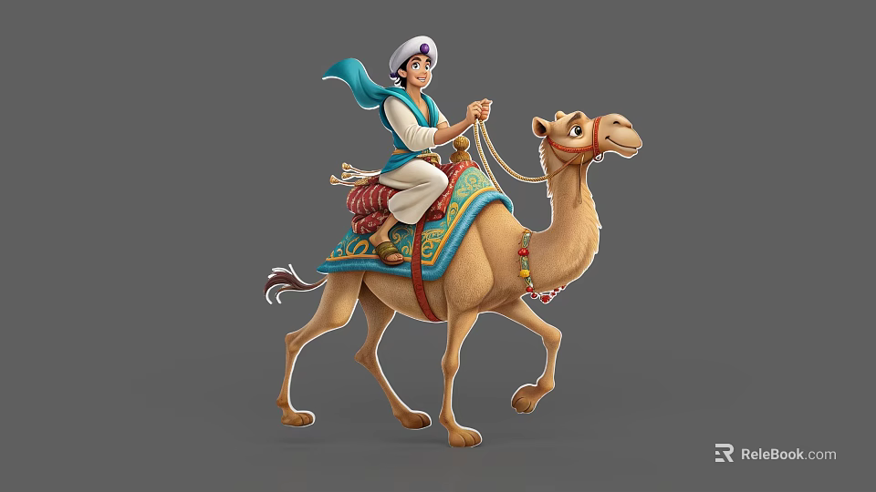 Young Character With Blue Scarf Riding Decorated Camel In Game And Movie 3d model 