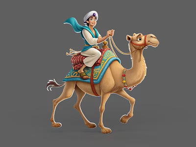 Young Character With Blue Scarf Riding Decorated Camel In Game And Movie 3d model
